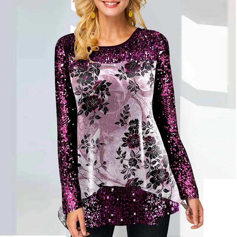 Fashion Print Women T Shirt Autumn Long-sleeved Casual O-neck Ladies Pullover Tops Vintage Floral Printed Female Office Shirts