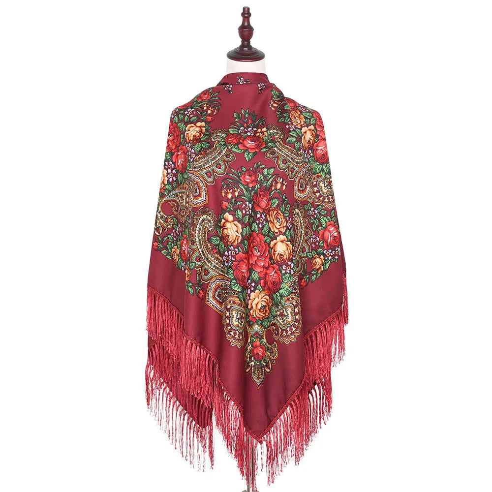 Russian Scarf Head Wrap for Women Luxury Ukrainian Manila Shawls Folk Cotton 160cm National Shawl Floral Print Travel Bandana - AMULET RING STORE