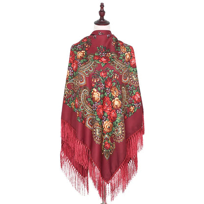 Russian Scarf Head Wrap for Women Luxury Ukrainian Manila Shawls Folk Cotton 160cm National Shawl Floral Print Travel Bandana - AMULET RING STORE