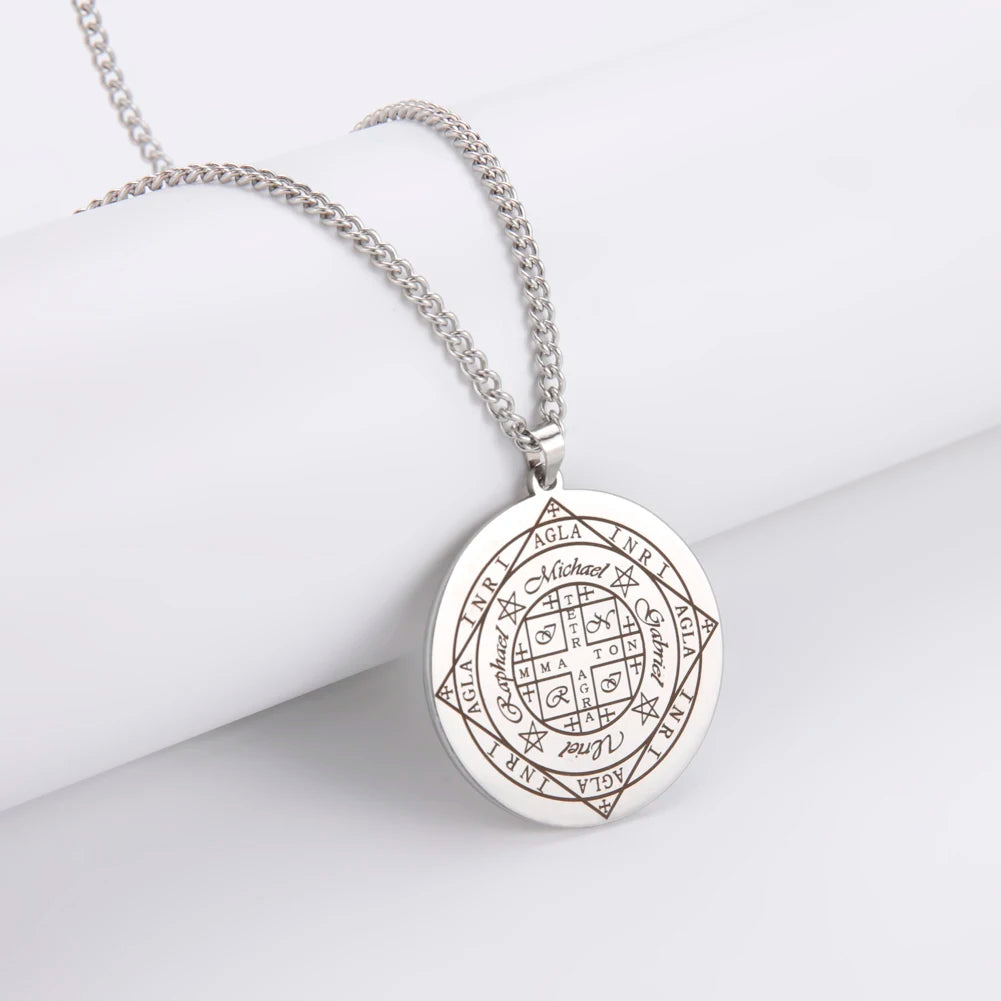 Dawapara Fortune Wheel AGLA INRI Stainless Steel Men Necklace