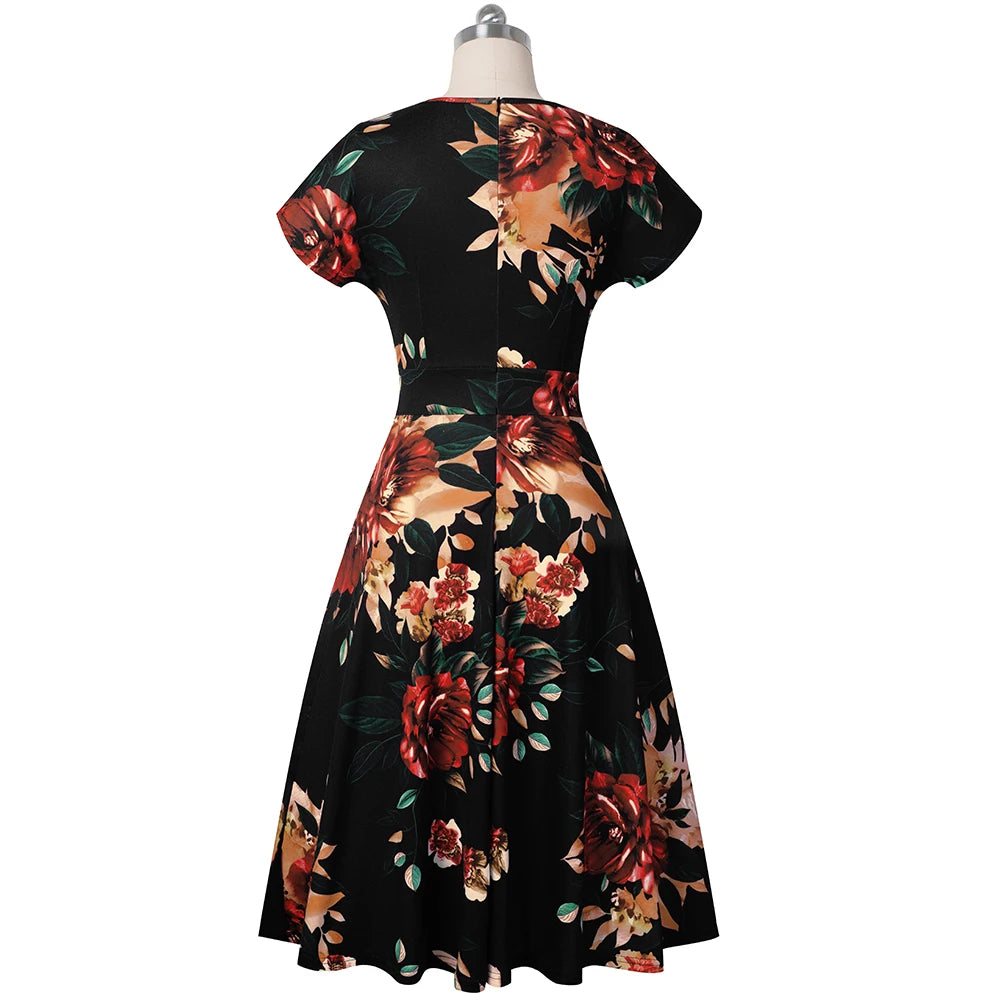 Nice-forever Vintage Elegant Floral Print Pleated Round neck vestidos A-Line Pinup Business Party Women Flare Swing Dress A102
