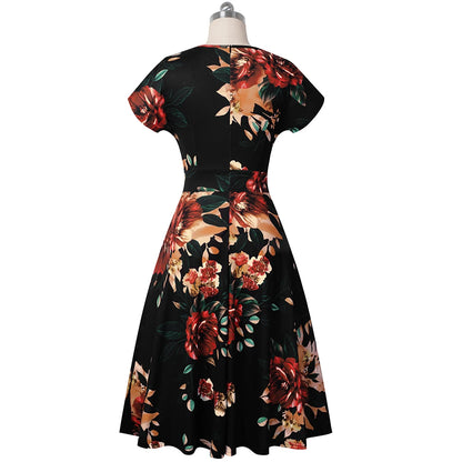 Nice-forever Vintage Elegant Floral Print Pleated Round neck vestidos A-Line Pinup Business Party Women Flare Swing Dress A102