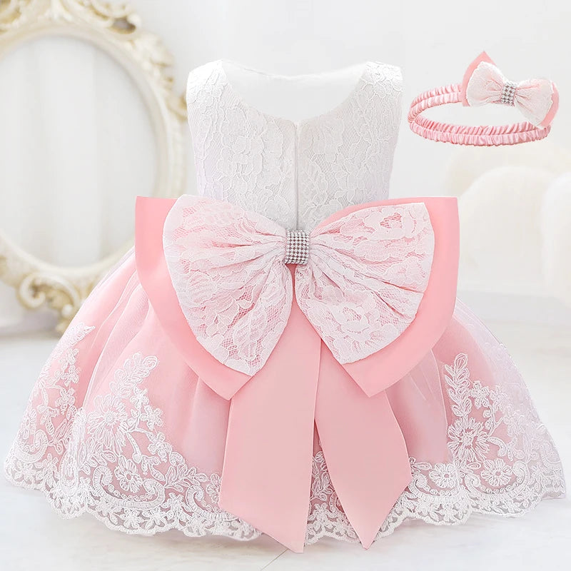 Infant White Pink First 1st Birthday Dress For Baby Girl Costume Big Bow Princess Baptism Girls Dresses Party Dress Child