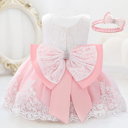 Infant White Pink First 1st Birthday Dress For Baby Girl Costume Big Bow Princess Baptism Girls Dresses Party Dress Child
