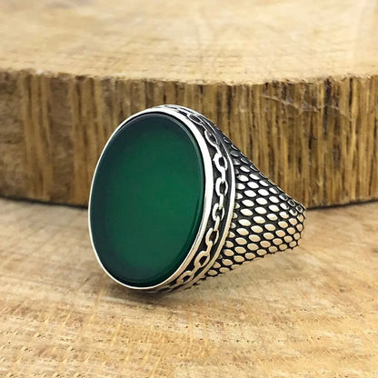 Solid 925 Sterling Silver Flat Green Agate Stone Chain Pattern Men's Ring Special Ring Jewelry Access For Men Gift Idea