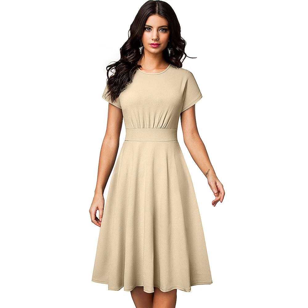 Nice-forever Vintage Elegant Floral Print Pleated Round neck vestidos A-Line Pinup Business Party Women Flare Swing Dress A102