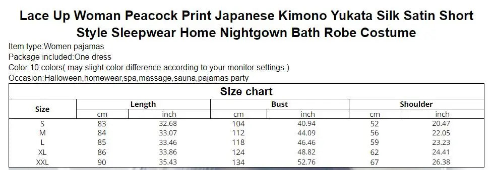 Lace Up Woman Peacock Print Japanese Kimono Yukata Silk Satin Short Style Sleepwear Home Nightgown Bath Robe Costume - AMULET RING STORE