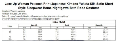 Lace Up Woman Peacock Print Japanese Kimono Yukata Silk Satin Short Style Sleepwear Home Nightgown Bath Robe Costume - AMULET RING STORE