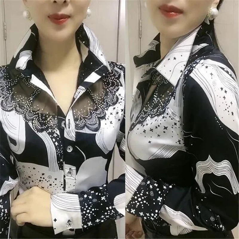 Trendy Streetwear Offce Women Blouses Hot drill Mesh Chiffon Shirts Long sleeve Lapel Buttons Female Blusas Tops Casual Shirts