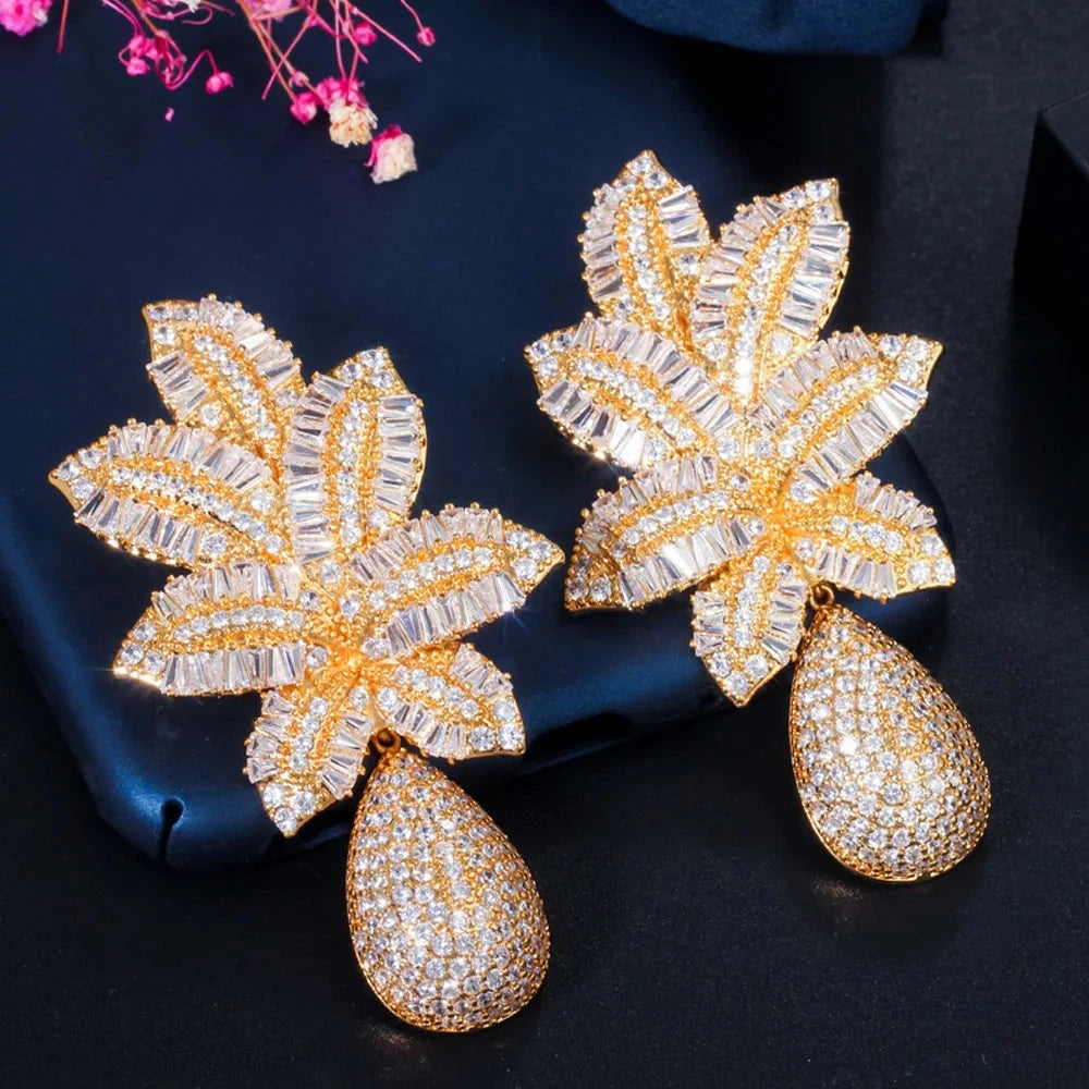 Pera Gorgeous White Cubic Zirconia Silver Color Large Leaf Water Drop Wedding Party Dangle Earrings for Brides Jewelry Gift E606 - AMULET RING STORE