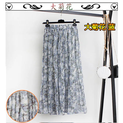 Women Summer Boho Chiffon Long Skirt Elegant Floral Print Pleated Skirts Elastic High Waist Casual Midi Skirt Women Clothes 2021