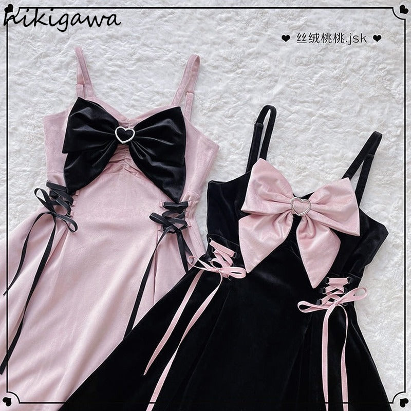 Hikigawa Woman Dresses Lolita Y2k Vestidos De Mujer Bandage Slim Dress Sexy Clothes Velvet Robe Femme Sleeveless Women Dresses - AMULET RING STORE