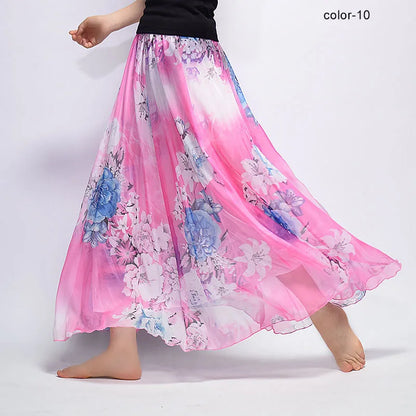 New Fashion 2025 Women's BOHO Elegant Florals Print Chiffon Long Skirt Ladies Slim High-Waist Elastic Waist Pleated Skirts SK15