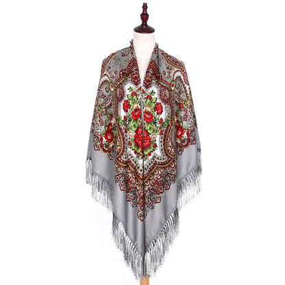 Russian Scarf Head Wrap for Women Luxury Ukrainian Manila Shawls Folk Cotton 160cm National Shawl Floral Print Travel Bandana - AMULET RING STORE