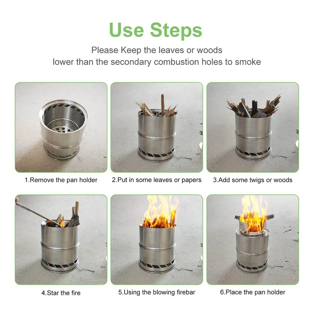 Portable Outdoor Camping Stove Wood Burning Mini Lightweight Stainless Steel Stove Picnic BBQ Cooker Travel Adventure Tools - AMULET RING STORE