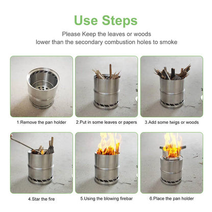 Portable Outdoor Camping Stove Wood Burning Mini Lightweight Stainless Steel Stove Picnic BBQ Cooker Travel Adventure Tools - AMULET RING STORE