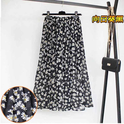 Women Summer Boho Chiffon Long Skirt Elegant Floral Print Pleated Skirts Elastic High Waist Casual Midi Skirt Women Clothes 2021