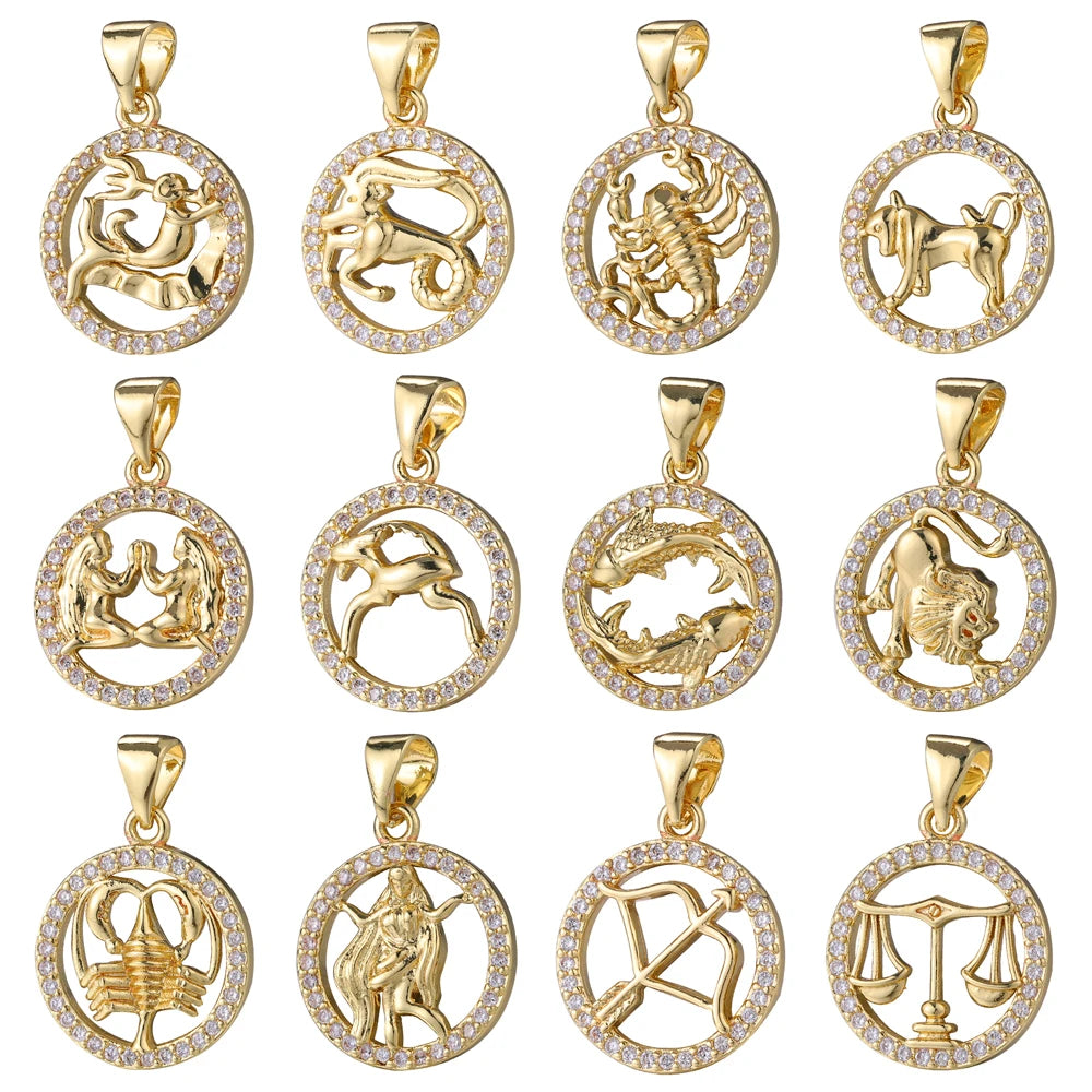 Juya DIY Imitation Pearl Shell 18K Gold Plated 12 Zodiac Charms For Handmade Fashion Birthstone Season Pendants Jewelry Making