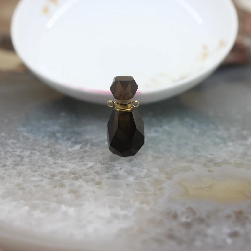 Natural Obsidian Faceted Perfume Bottle Pendants Necklaces,Pink Tourmaline Quartz Essential Oil Diffuser Vial Charms Jewelry - AMULET RING STORE