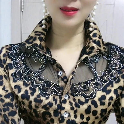 Trendy Streetwear Offce Women Blouses Hot drill Mesh Chiffon Shirts Long sleeve Lapel Buttons Female Blusas Tops Casual Shirts