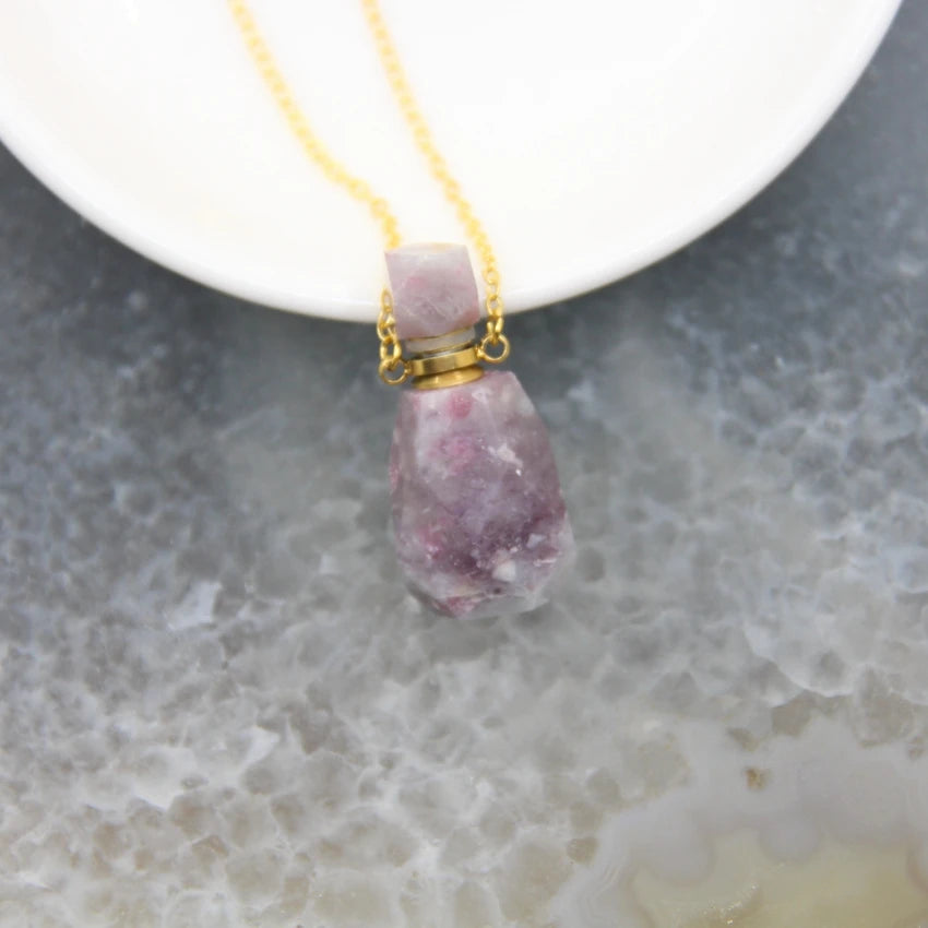 Natural Obsidian Faceted Perfume Bottle Pendants Necklaces,Pink Tourmaline Quartz Essential Oil Diffuser Vial Charms Jewelry - AMULET RING STORE