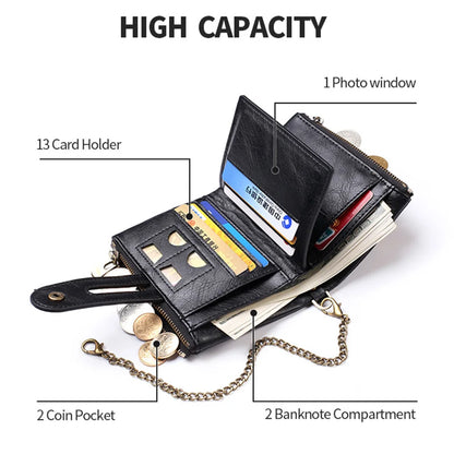 New Men Wallets PU Leather Short Card Holder Chain Luxury Brand Men's Purse High Quality Classic Retro Male Wallet - AMULET RING STORE