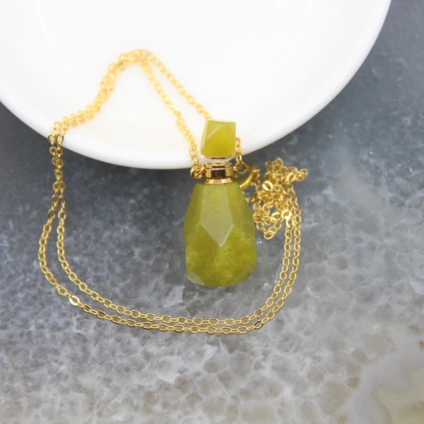 Natural Obsidian Faceted Perfume Bottle Pendants Necklaces,Pink Tourmaline Quartz Essential Oil Diffuser Vial Charms Jewelry - AMULET RING STORE