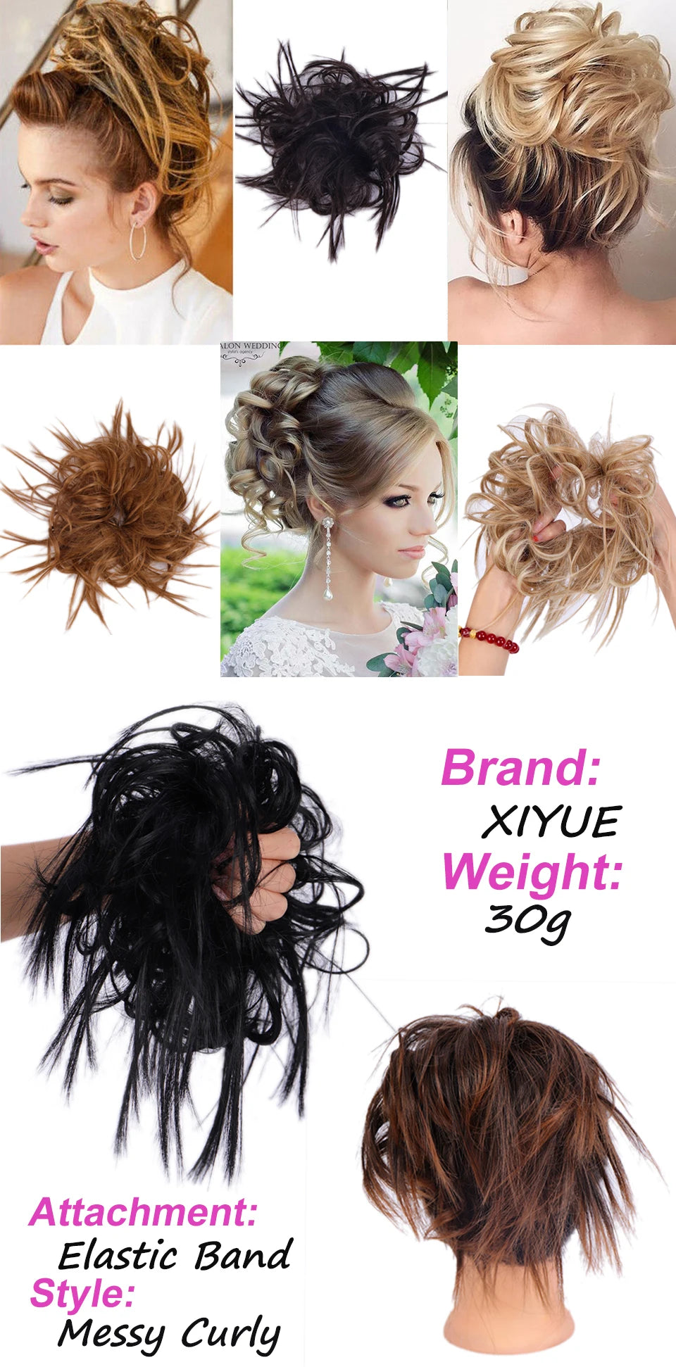 XIYUE Synthetic Messy Hair Bun Tousled Hairpiece Elastic Band Chignon Curly Scrunchie Updo Cover Hair Tail for Women Pink - AMULET RING STORE