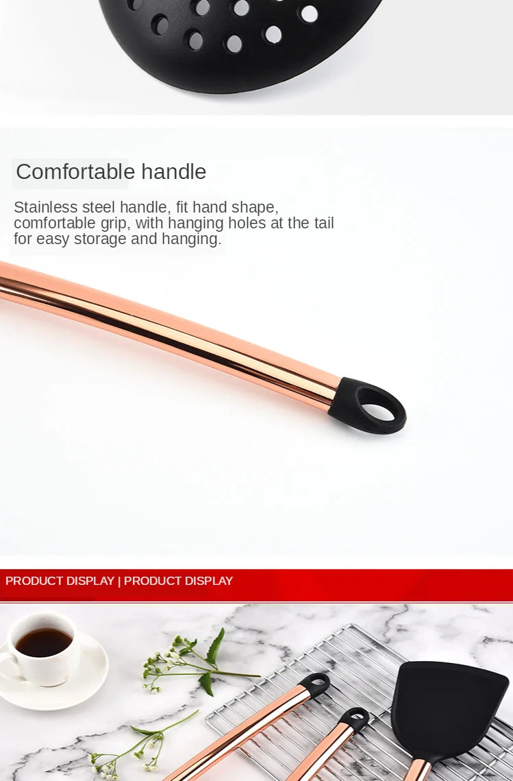 Silicone Kitchenware Large Colander Spatula Soup Spoon Rose Gold Stainless Steel Non-stick Home Kitchen Supplies Cooking Tools