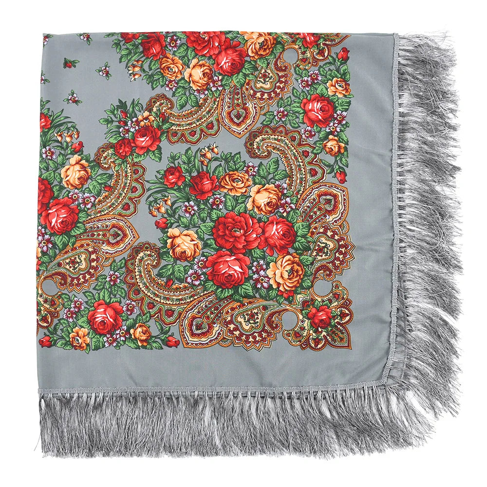 Russian Scarf Head Wrap for Women Luxury Ukrainian Manila Shawls Folk Cotton 160cm National Shawl Floral Print Travel Bandana - AMULET RING STORE