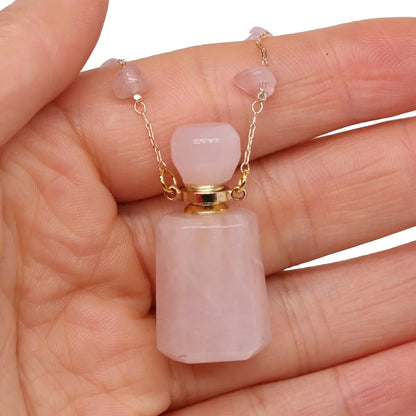 Natural Stone Perfume Bottle Necklace Pink Quartz Pendant Charms For Elegant Women Love Romantic Gift 60 CM - AMULET RING STORE