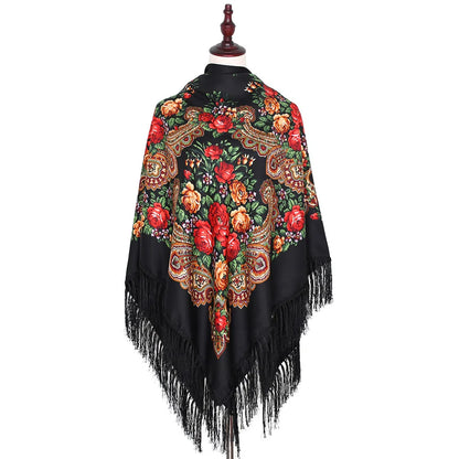 Russian Scarf Head Wrap for Women Luxury Ukrainian Manila Shawls Folk Cotton 160cm National Shawl Floral Print Travel Bandana - AMULET RING STORE