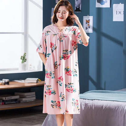 2025 Summer Small Floral Night Dress Women Nightgown Big Yards 3XL Sleepshirts Short-sleeves Nightie Nightdress Cotton Sleepwear