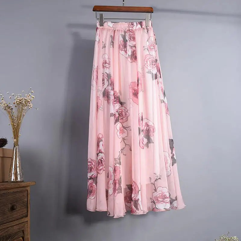 New Fashion 2025 Women's BOHO Elegant Florals Print Chiffon Long Skirt Ladies Slim High-Waist Elastic Waist Pleated Skirts SK15