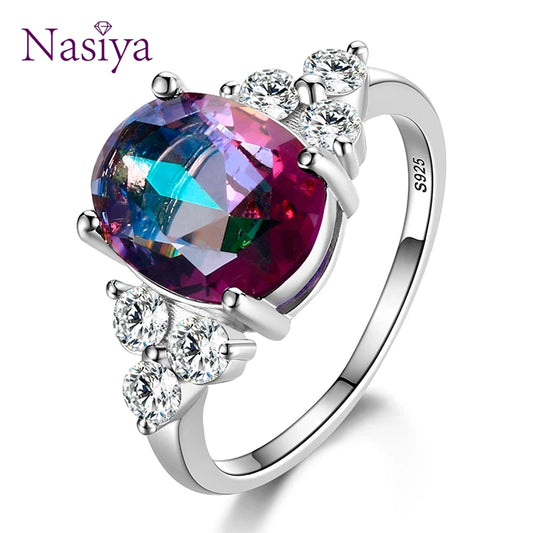 Women's Jewelry S925 Silver Rings White Pink Light Blue Champagne Zircon Oval Wedding Ring