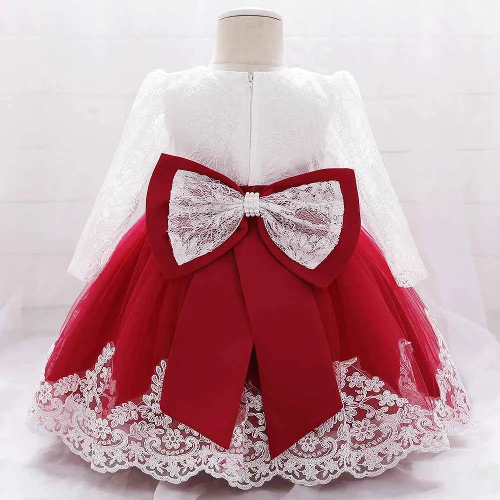 Newborn Long Sleeve Baby Girl Dresses Party Wedding Girl Lace Big Bow Dresses Infant Girl 1st Birthday Princess Baptism Dress