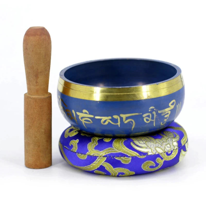 Silent Mind Tibetan Singing Bowl Set Blue Color Design With Dual Surface Mallet and Silk Cushion Promotes Peace - AMULET RING STORE