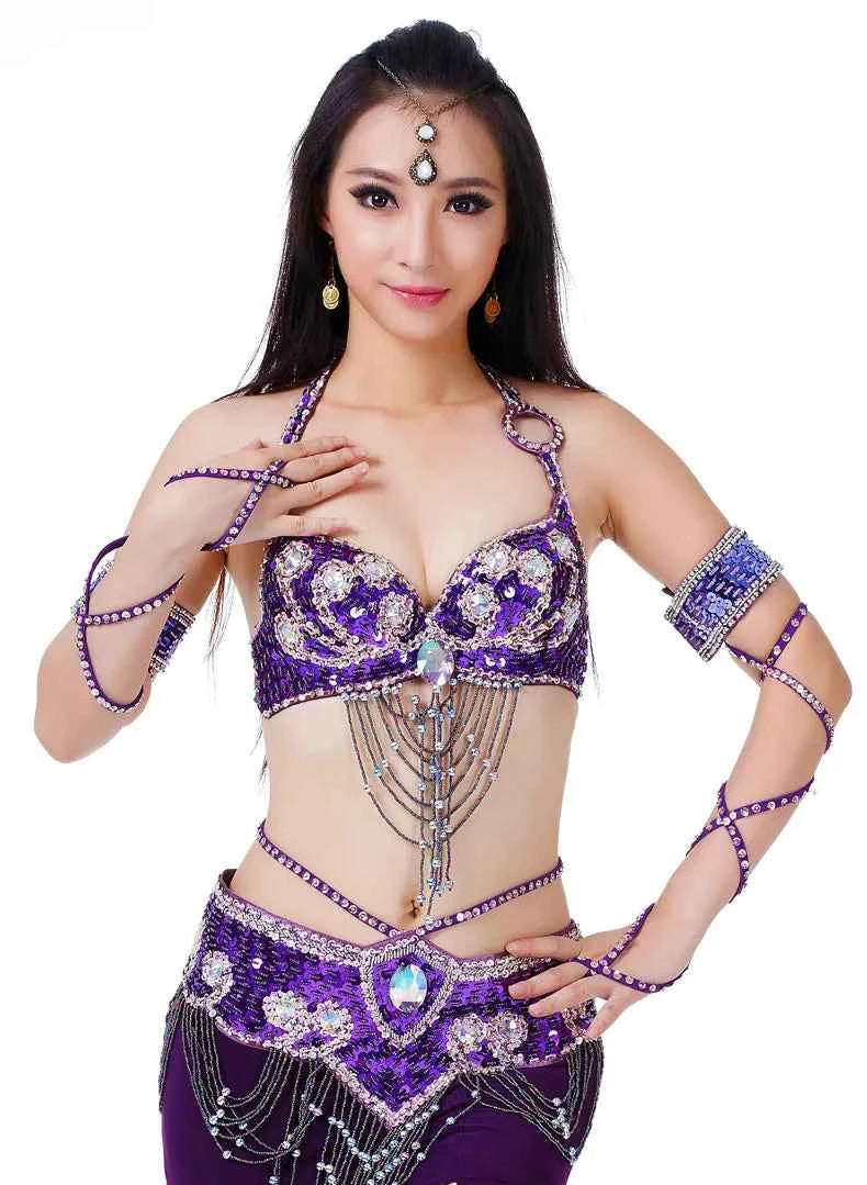 Women Sexy Belly Dance Beaded Top Bra & Belt 2pieces Belly Dance Costume Outfit Set Female Bollytwood Dance Costume 11 Colors