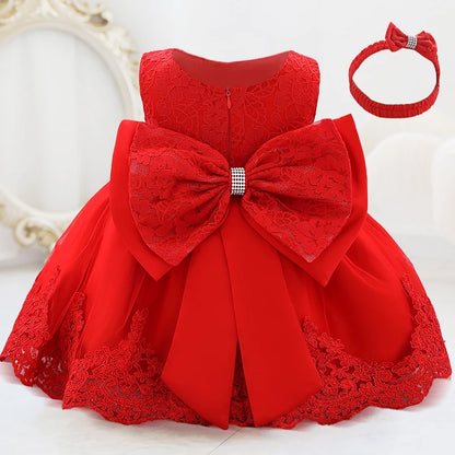 Infant White Pink First 1st Birthday Dress For Baby Girl Costume Big Bow Princess Baptism Girls Dresses Party Dress Child