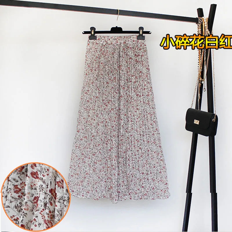 Women Summer Boho Chiffon Long Skirt Elegant Floral Print Pleated Skirts Elastic High Waist Casual Midi Skirt Women Clothes 2021