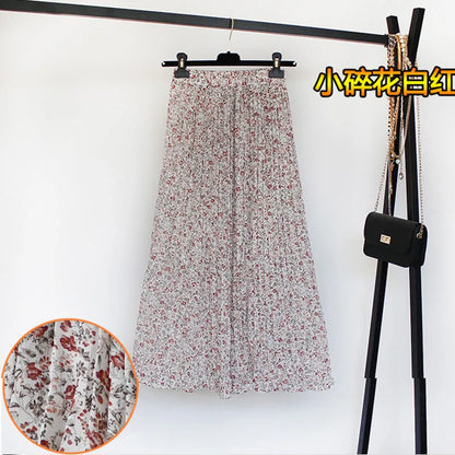Women Summer Boho Chiffon Long Skirt Elegant Floral Print Pleated Skirts Elastic High Waist Casual Midi Skirt Women Clothes 2021