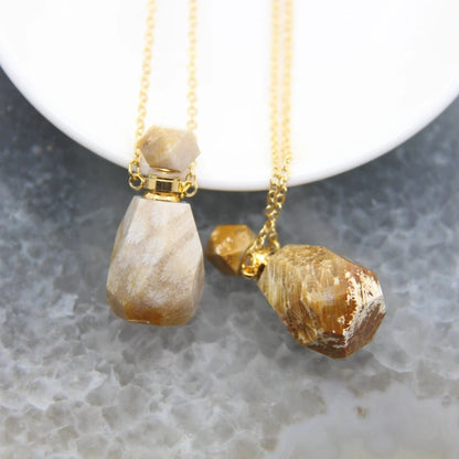 Natural Obsidian Faceted Perfume Bottle Pendants Necklaces,Pink Tourmaline Quartz Essential Oil Diffuser Vial Charms Jewelry - AMULET RING STORE