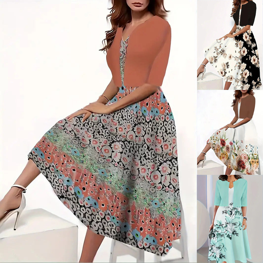 2024 Europe and the United States autumn new women's long dress two-piece set of floral print round neck dress coat women