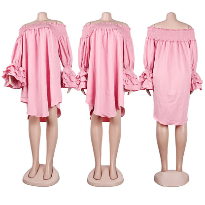 CM.YAYA Chic Women Cascading Ruffles Petal Off Shoulder Long Sleeve Smock Dress 2022 Big Swing Loose Blouse Sundress Vestidos - AMULET RING STORE