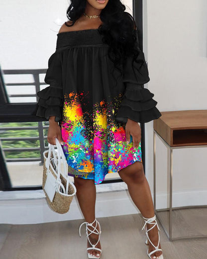 CM.YAYA Chic Women Cascading Ruffles Petal Off Shoulder Long Sleeve Smock Dress 2022 Big Swing Loose Blouse Sundress Vestidos - AMULET RING STORE