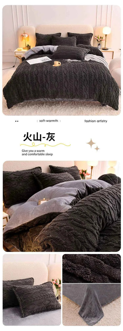 Home Textiles Velvet Flannel Bedding Set Plush Solid Color Duvet Cover Fluffy Reversible Plush Bedding Set Warm for Winter King