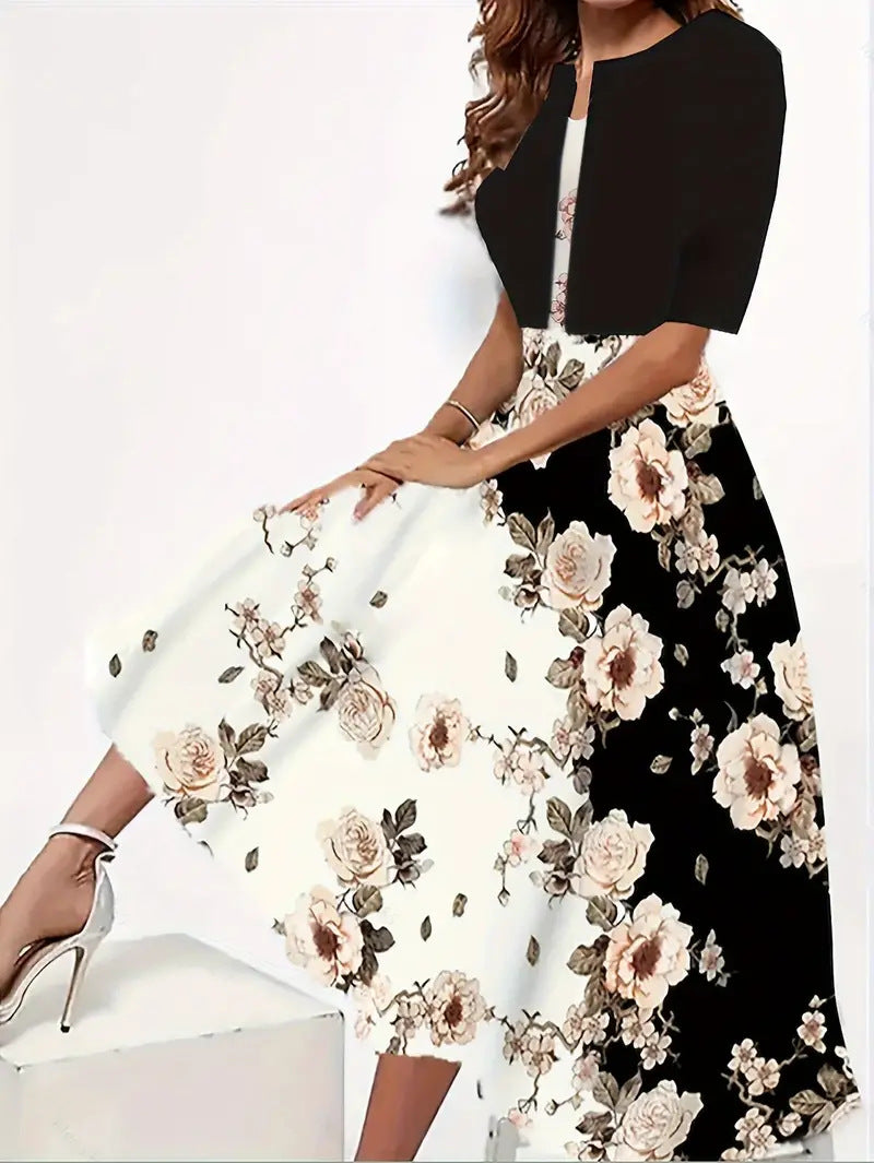 2024 Europe and the United States autumn new women's long dress two-piece set of floral print round neck dress coat women