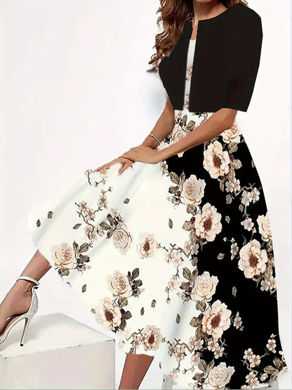 2024 Europe and the United States autumn new women's long dress two-piece set of floral print round neck dress coat women