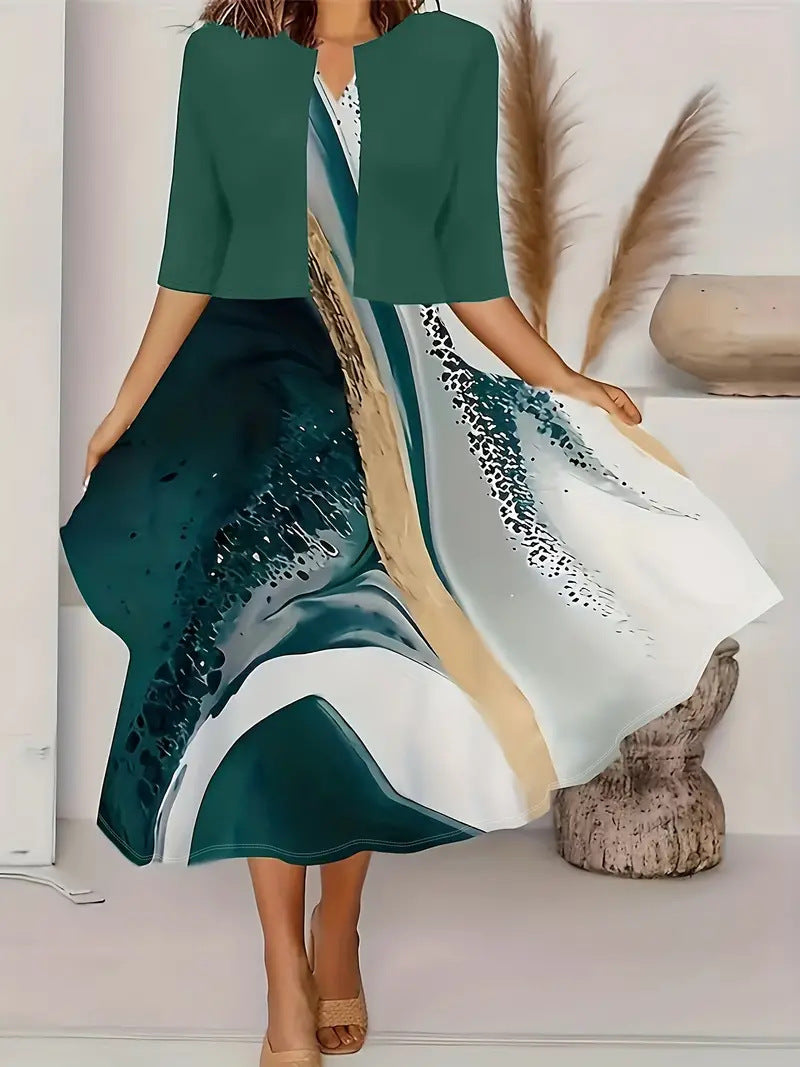 2024 Europe and the United States autumn new women's long dress two-piece set of floral print round neck dress coat women