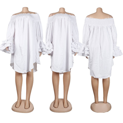 CM.YAYA Chic Women Cascading Ruffles Petal Off Shoulder Long Sleeve Smock Dress 2022 Big Swing Loose Blouse Sundress Vestidos - AMULET RING STORE
